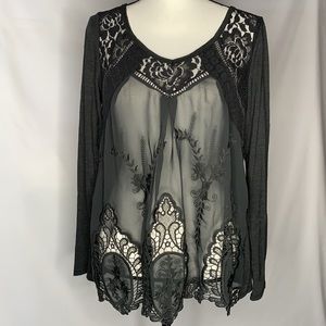 Sheer Lace Front Long Sleeve Top